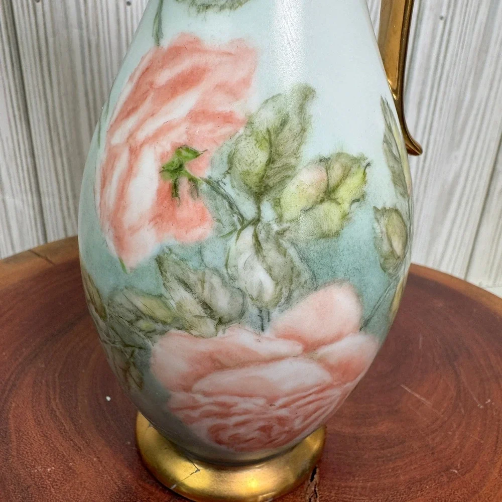 Vtg 1975 A.C. Perry Hand Painted Porcelain Rose Ewer Pitcher Bud Vase Gold Trim